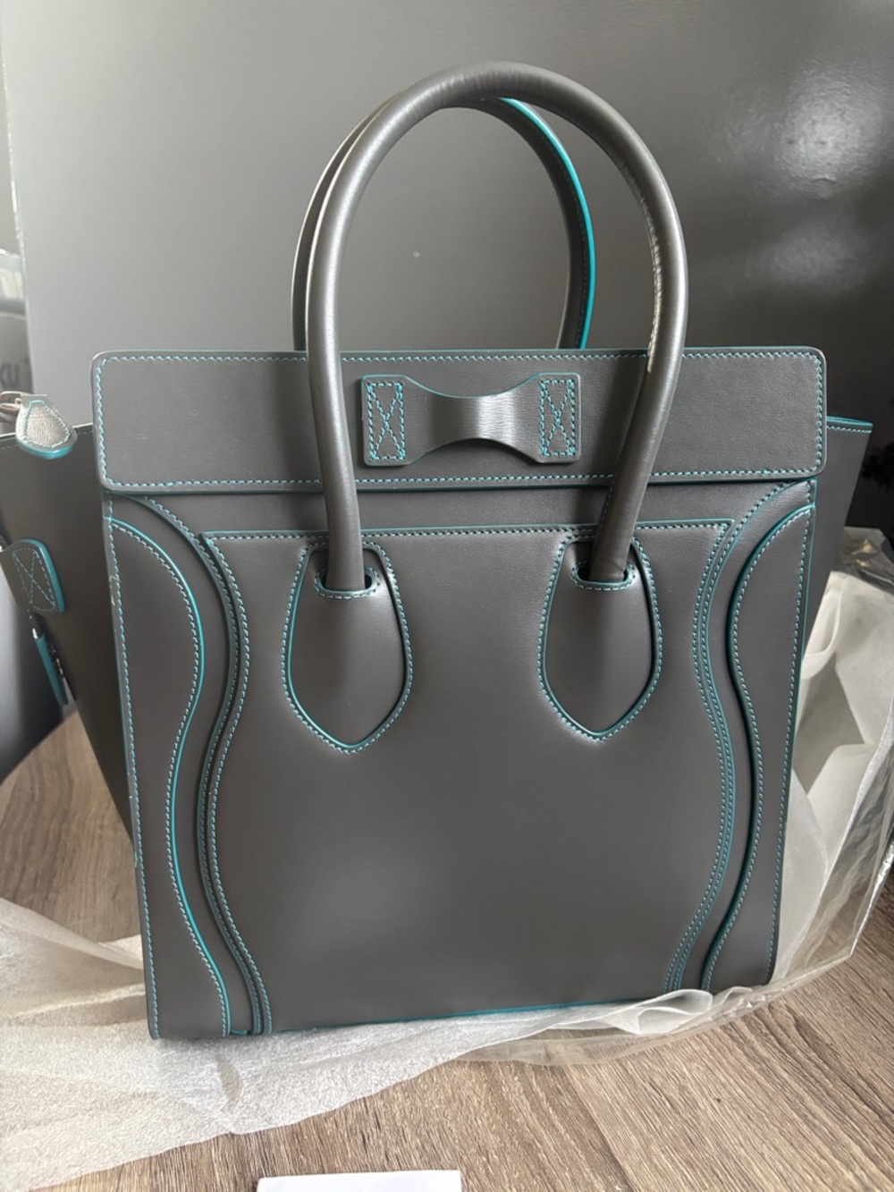 Celine Nano Luggage Gray Tote with Teal Trim - Picture 4 of 6